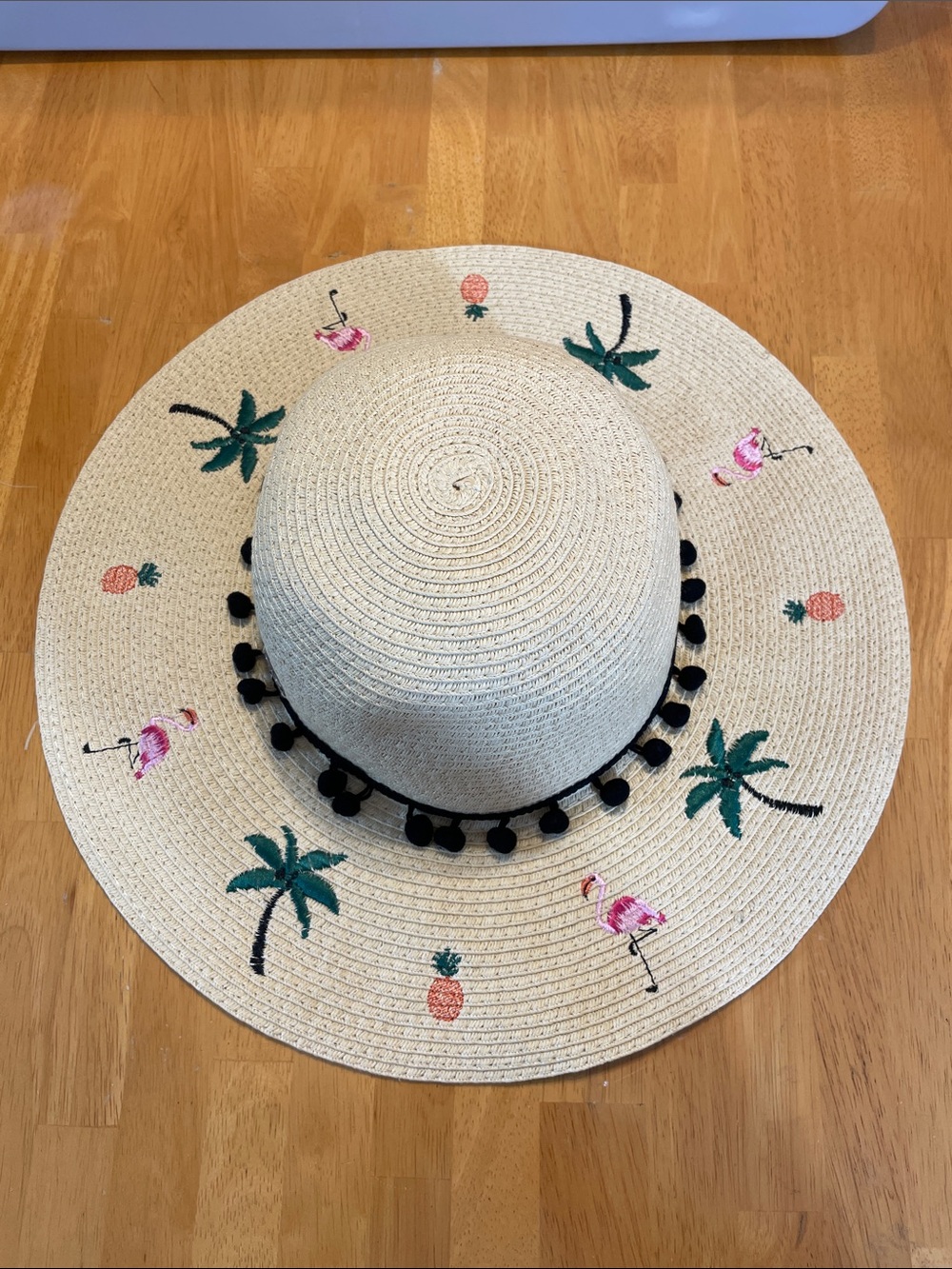 Betsey Johnson Floppy Beach Hat Flamingo Pineapple Palm Tree Tassels